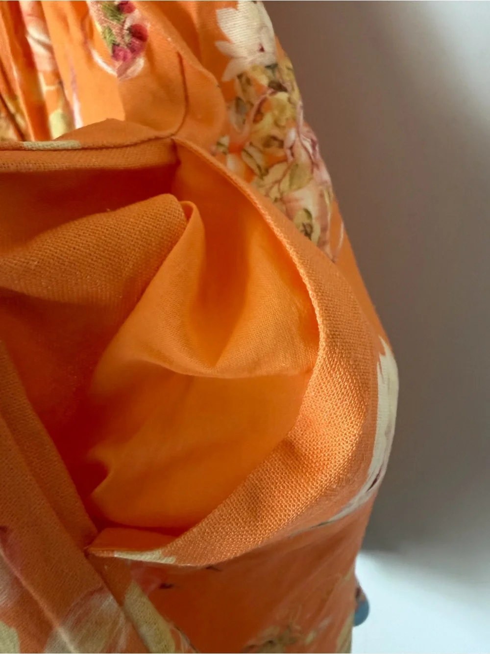 Orange Floral tropical fruit sleeveless tie strap linen blend Mini Dress - Picture 7 of 8
